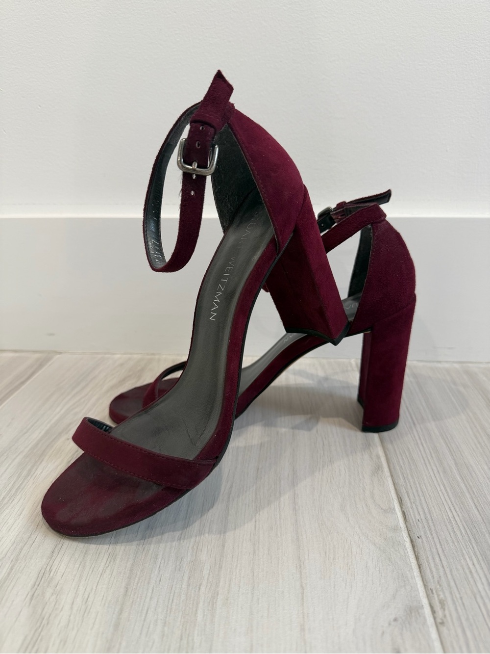 Stuart Weitzman Strappy Block Heel Sandals in burgundy